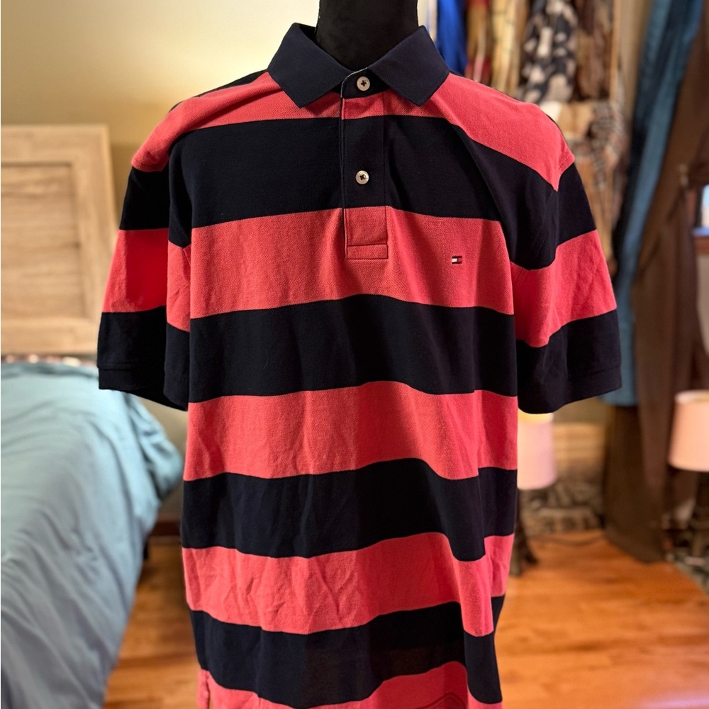 Tommy Hilfiger Men's Polo - Red and Black Stripes